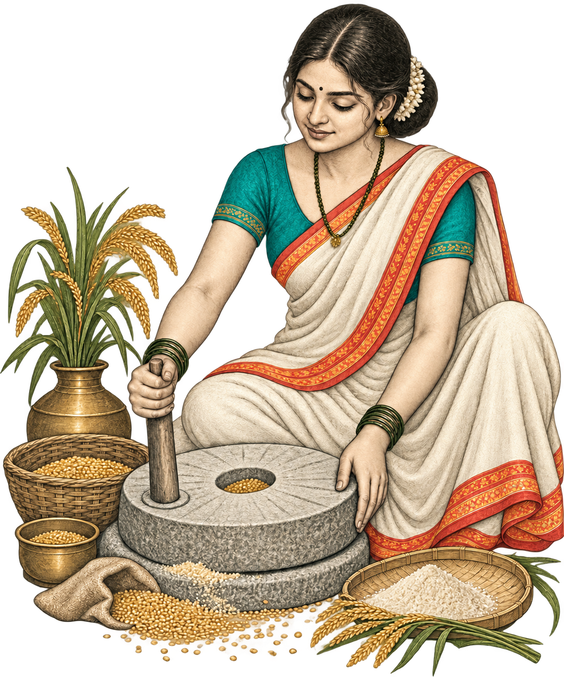 Woman stone-grinding grains